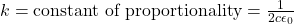 k = \text{constant of proportionality} = \frac{1}{2 c \epsilon_0}