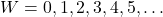 W = {0, 1, 2, 3, 4, 5, …}