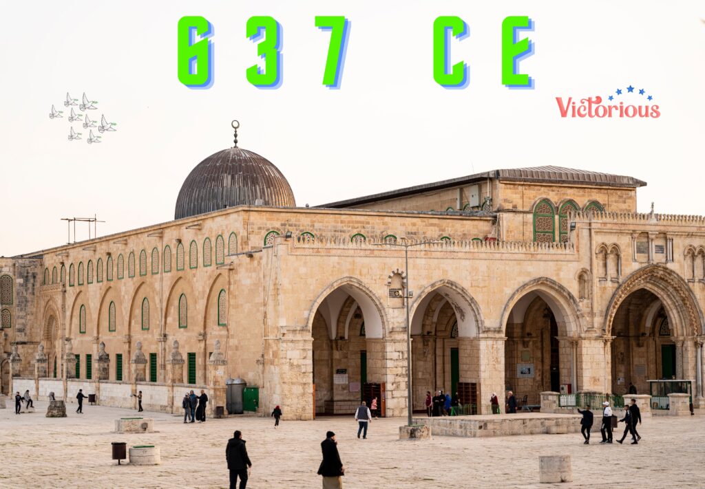 An image featuring the real Al-Aqsa Masjid with people in the yard and little text and birds on the top of image.