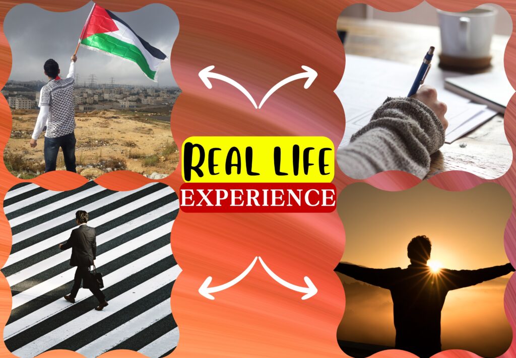 A 4 grid picture showing 4 person, each waving the flag of Palestine, writing on the paper, walking on the zebra crossing, and  seeing the sunset.