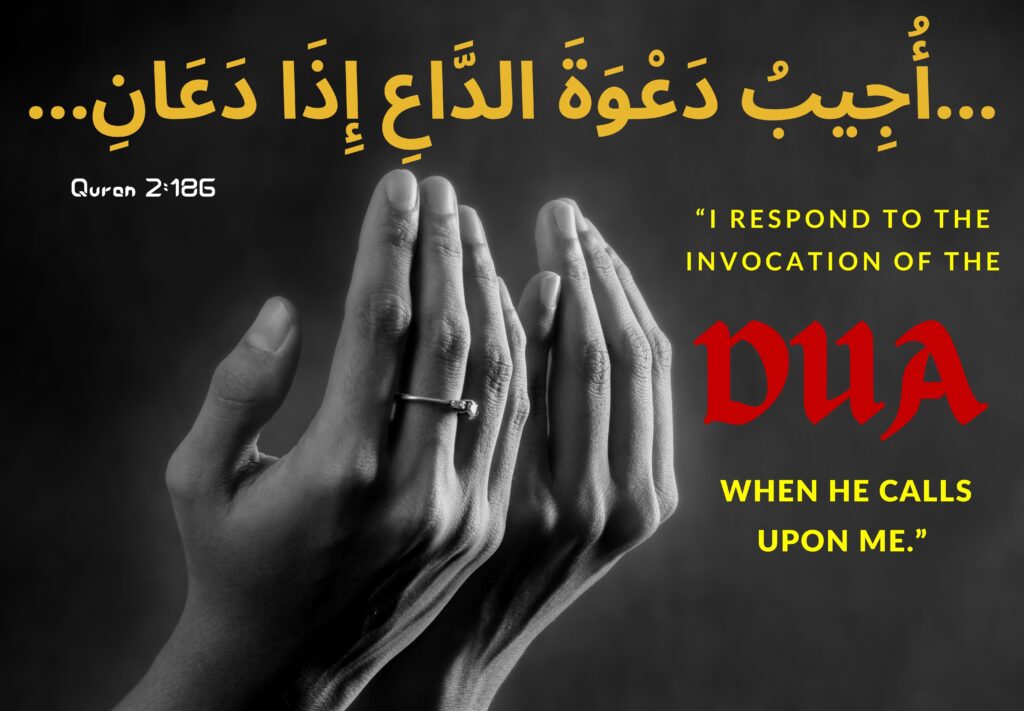 A person Raised hand for Dua (Supplication) and a verse written in Arabic  with English translation.