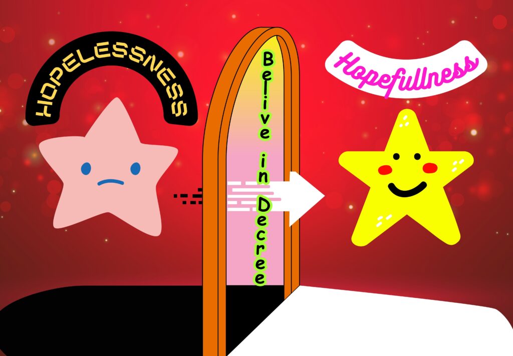 A digital illustration of two contrasting star characters on either side of a door labeled “Believe in Decree” represents a transformation from hopelessness to hopefulness.