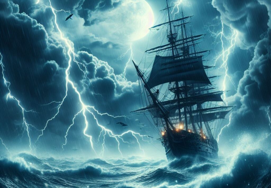 a dramatic scene of a tall ship navigating tumultuous seas under a stormy sky illuminated by intense lightning and the glow of a full moon.