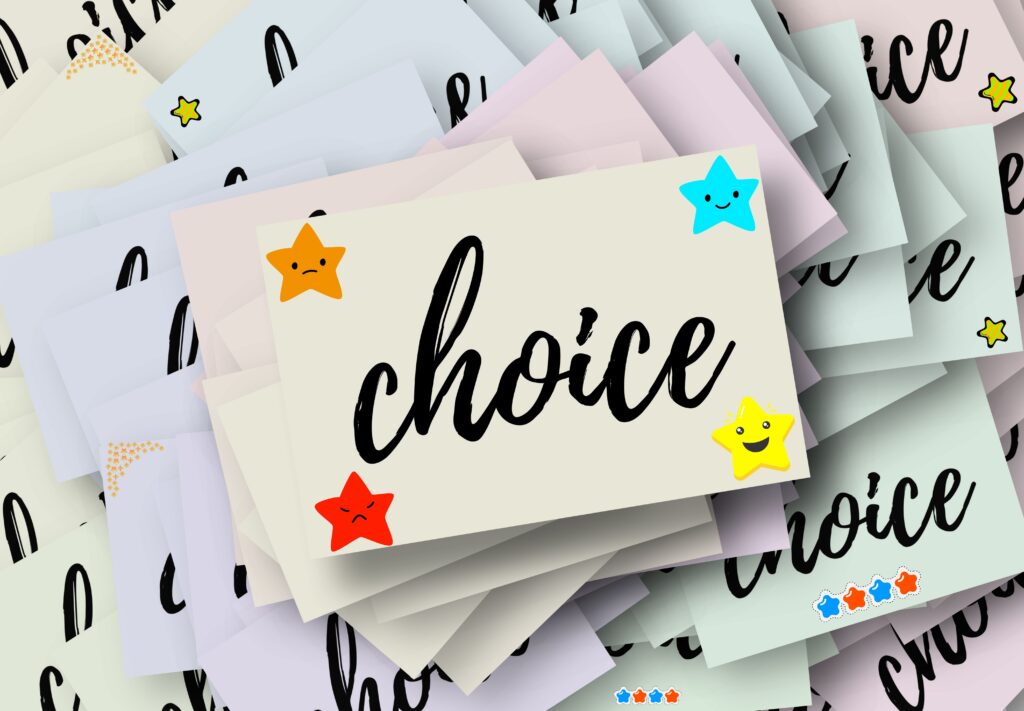 A pile of cards with “choice” written, surrounded by colorful star stickers on a grey background.