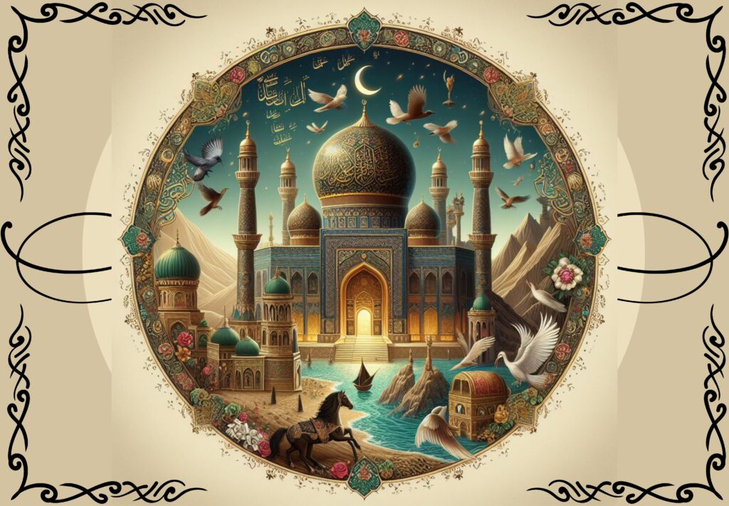 A detailed artwork of a grand mosque with golden accents, surrounded by birds, flowers, and a horseman, under a starry night sky.