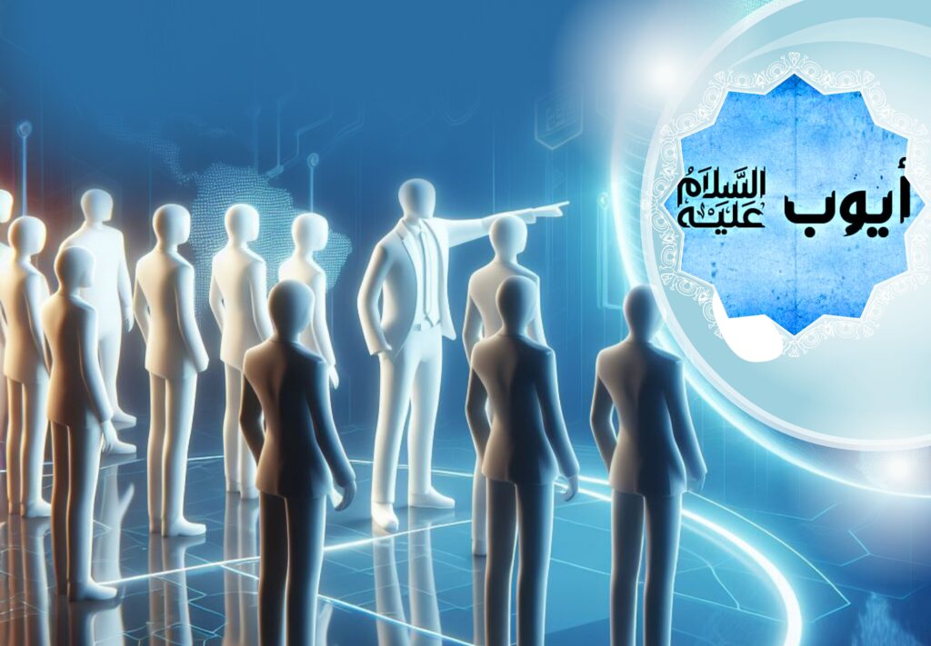 An illustration featuring silhouetted human figures pointing towards a glowing emblem with Arabic script Ayyub AS.