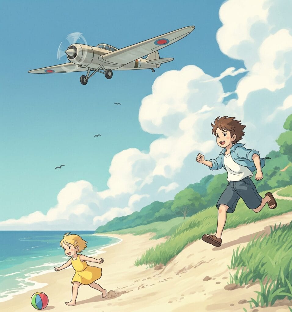 Illustration of Motion - A Boy Running, A Girl Rolling a Ball, A Plane Flying Above