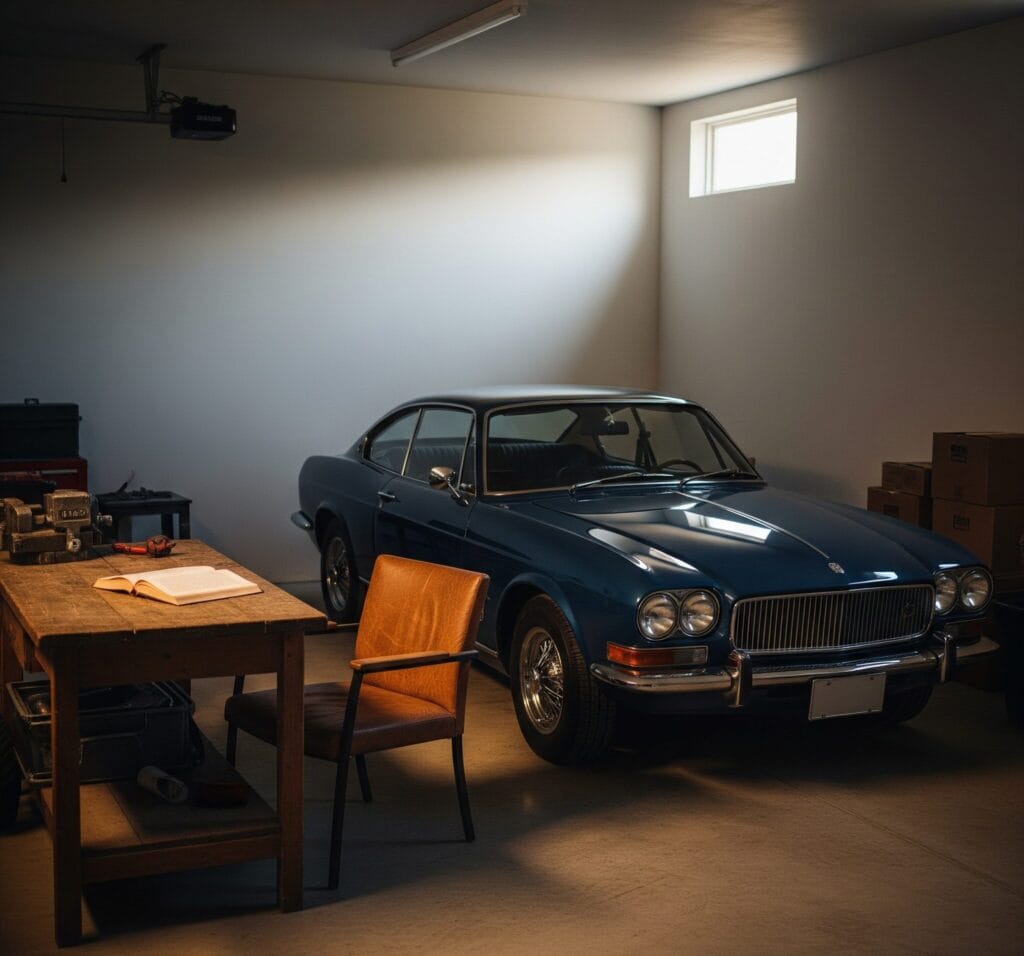 Illustration of Rest - In A Garage, A Parked Car, A Book on a Table, A Chair