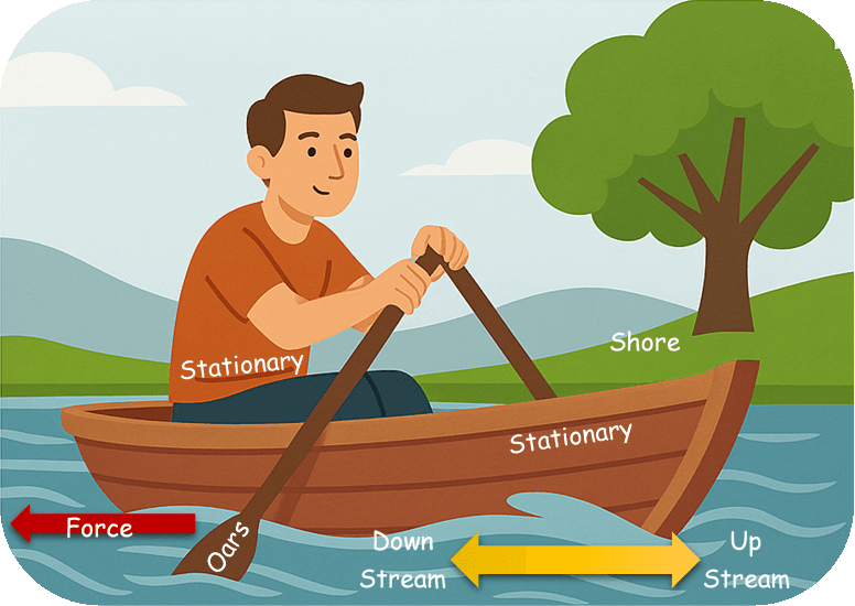 A man rowing a boat upstream is at rest with respect to the shore. Is he doing work?