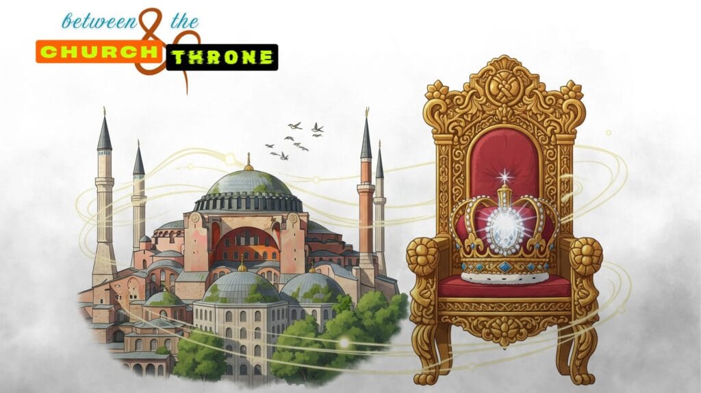 17 - Christianity - An Illustration of a Church (left) and a Throne (right)