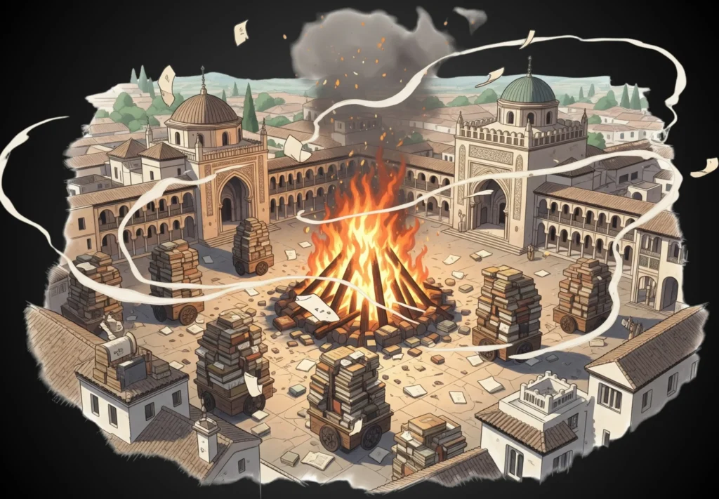 26 - Illustration of Bib-Rambla Square _ The Burning of Knowledge under Cardinal Francisco Jiménez de Cisneros in 1499