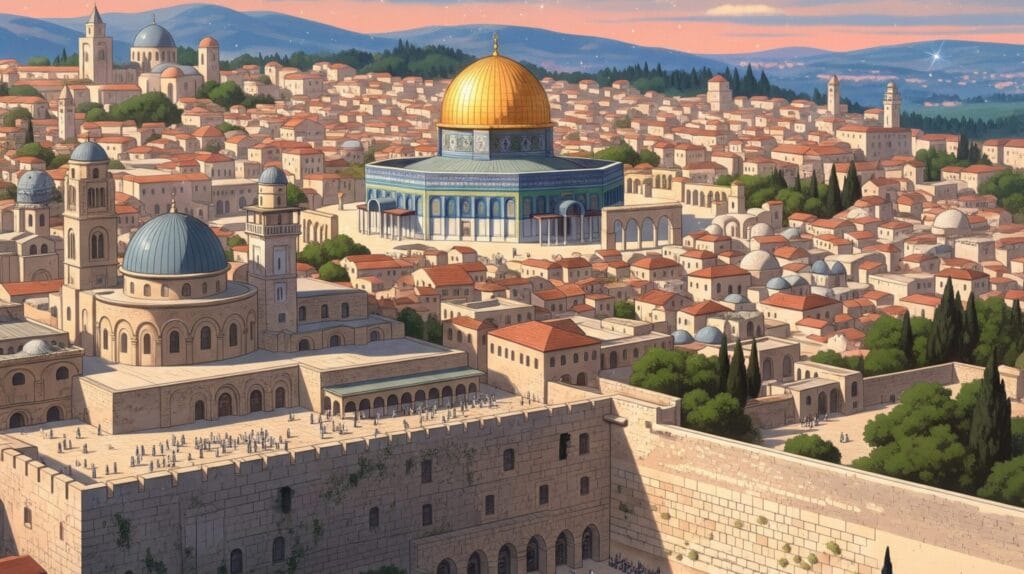 A Ghibli Style Illustration of Al- Aqsa - A Revered Place in Abrahamic Religions