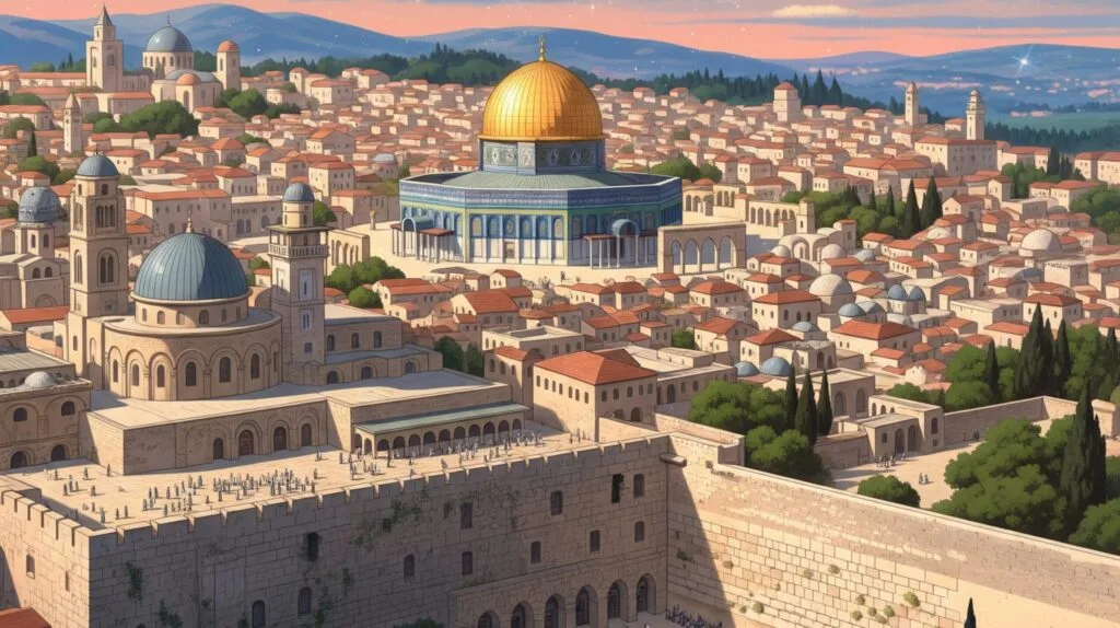 A Ghibli Style Illustration of Al- Aqsa - A Revered Place in Abrahamic Religions