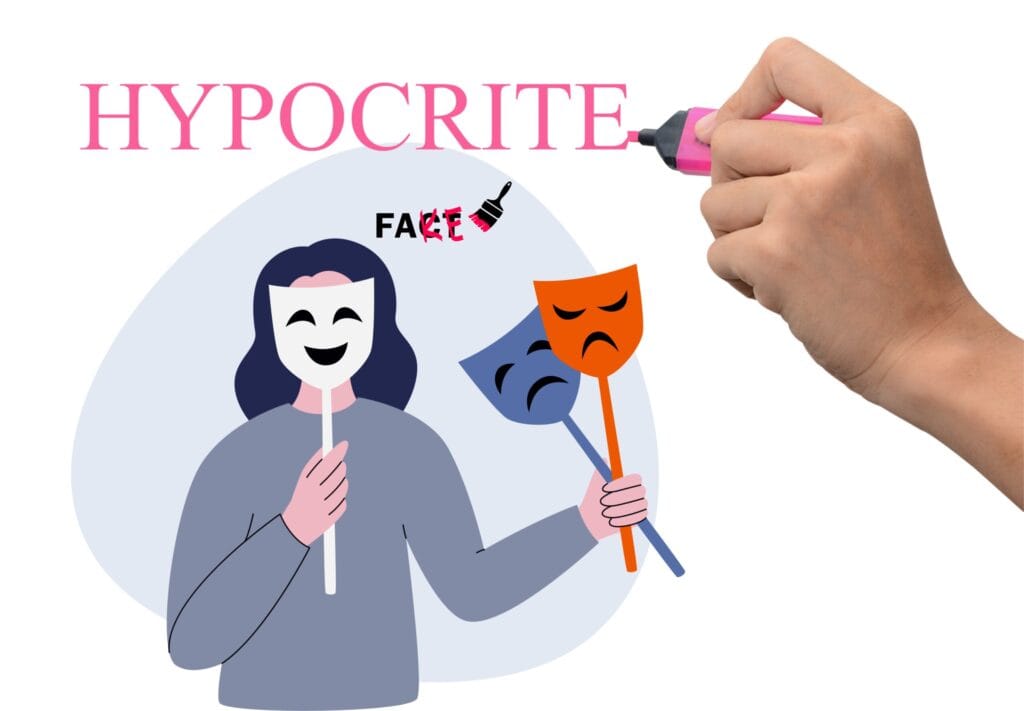 The Hypocrites | Illustration of a Person with a Mask and a Hand Drawn 'HYPOCRITE'