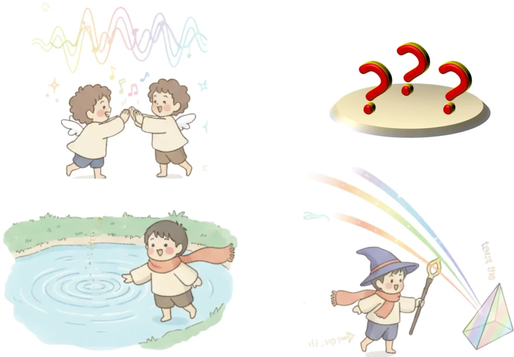 Illustration of Sound Waves, Water, Waves, and Light Waves