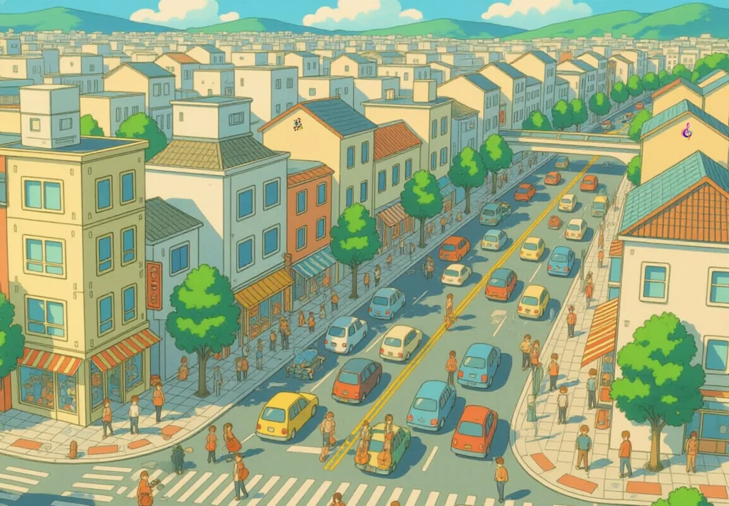 Illustration of Sound Waves in Daily Life of a Bustling Urban Area