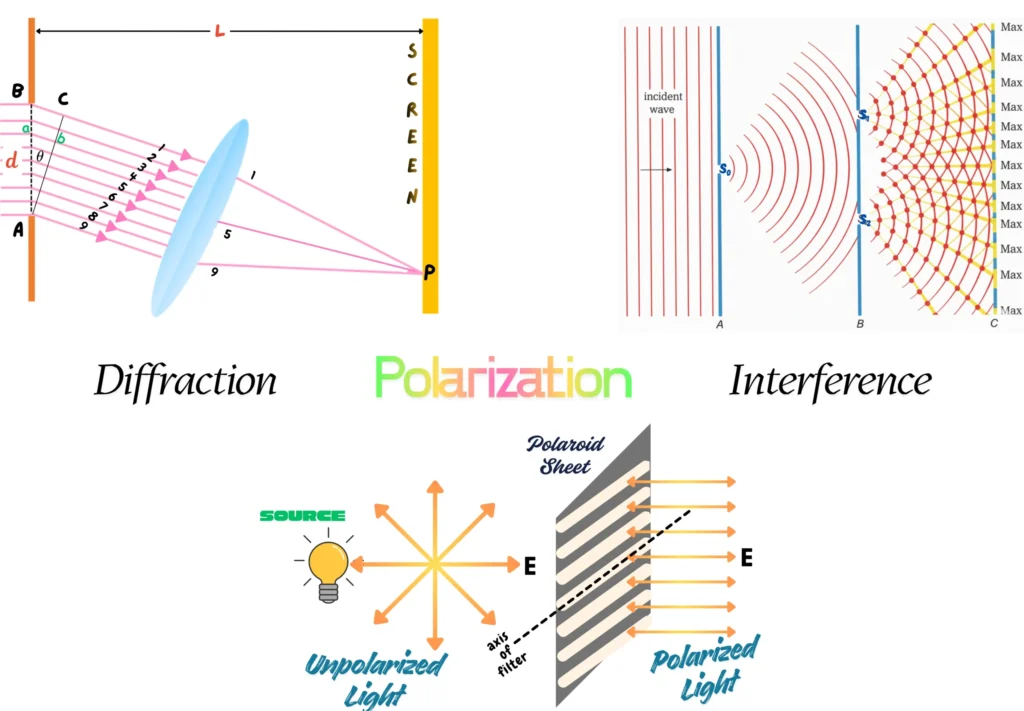 Illustration of Interference vs Diffraction vs Polarization _ Understanding the Wave Nature of Light and the Type of Motion