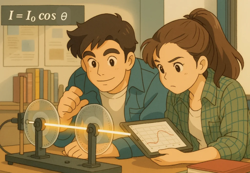 Illustration of Two People Performing Polarization of Light Experiment _ Malus's Law