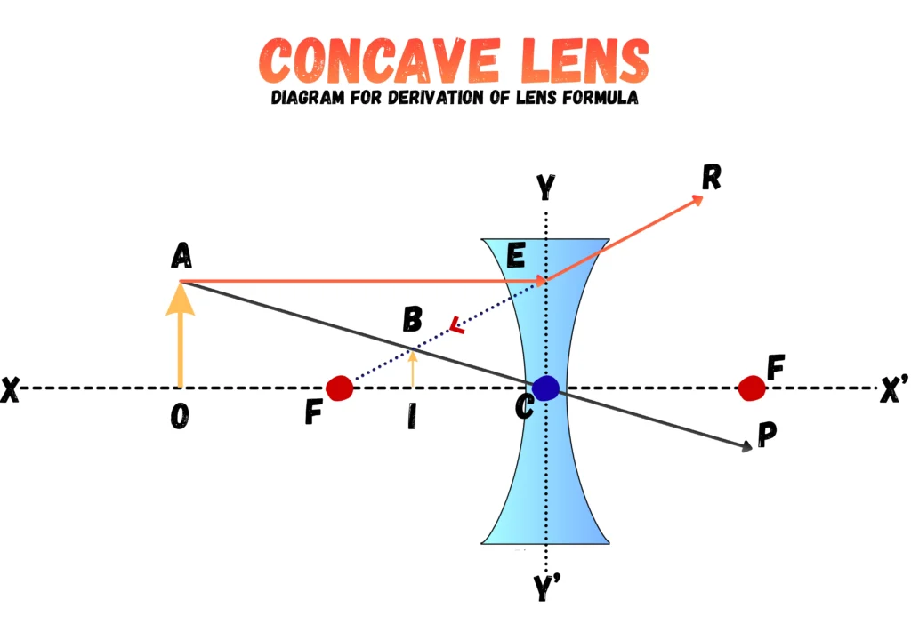 Labelled Concave Lens Diagram for Derivation of Lens Formula